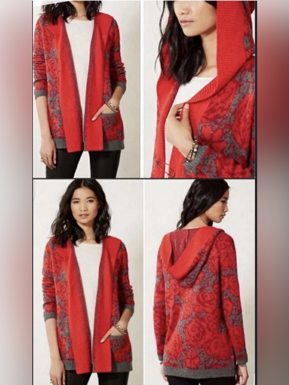 Sparrow Maraschino Floral Sweater Cardigan Sz XS Red & Gray Hooded Anthropologie